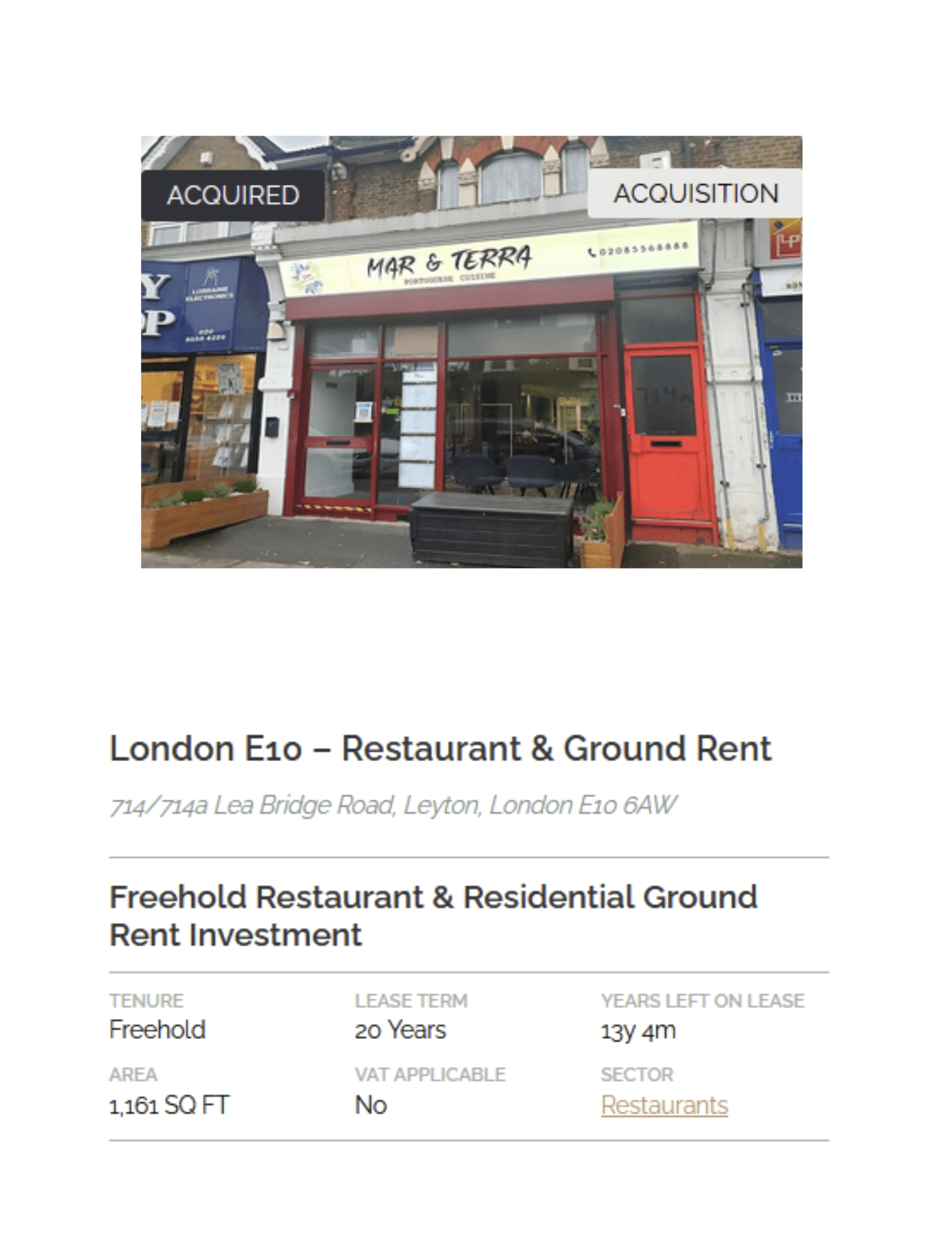 COMPLETED SALE - 714714A Lea Bridge Road, Leyton, London E10 6AW