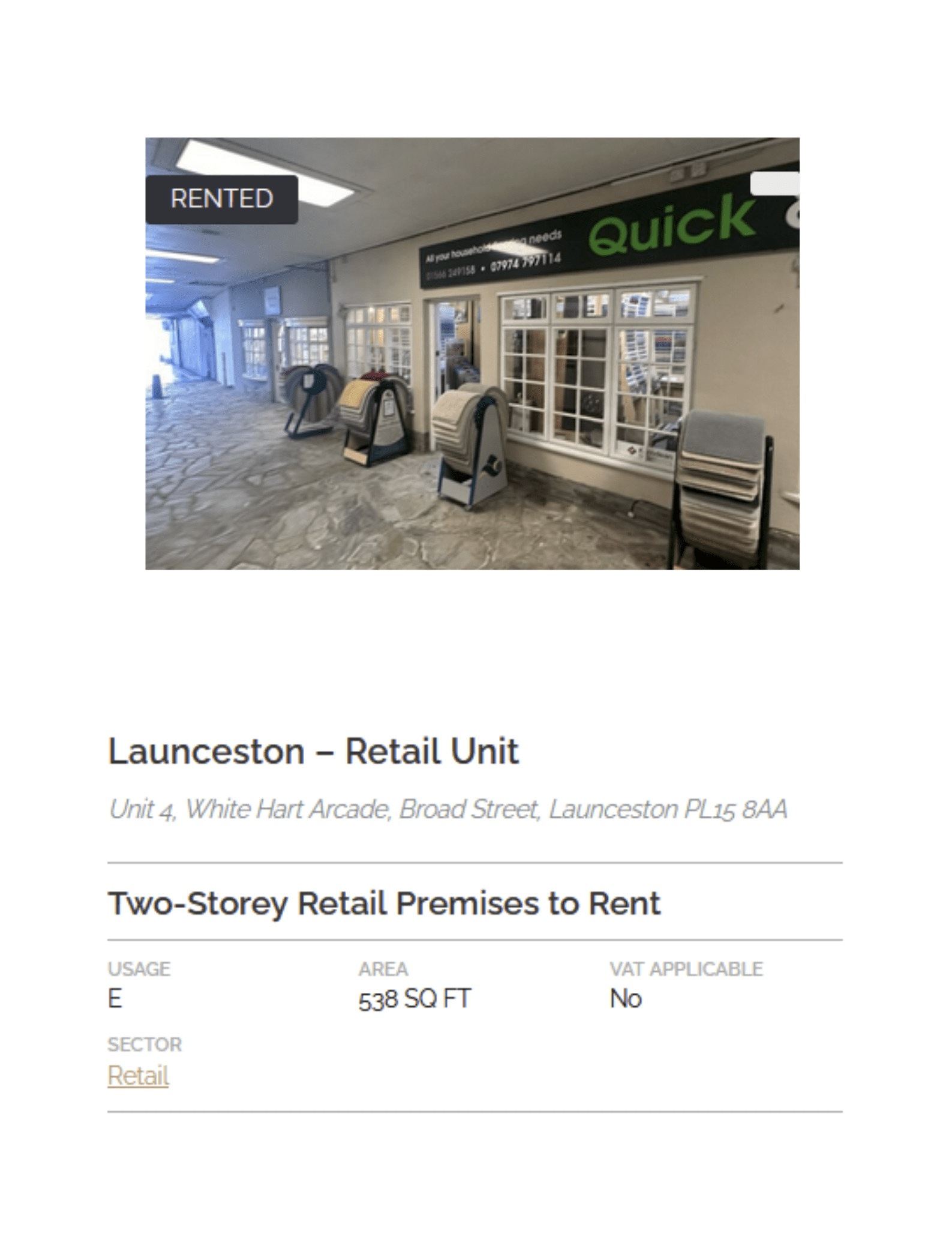 COMPLETED LEASE - Unit 4 The White Hart Arcade, Launceston PL15 8AA